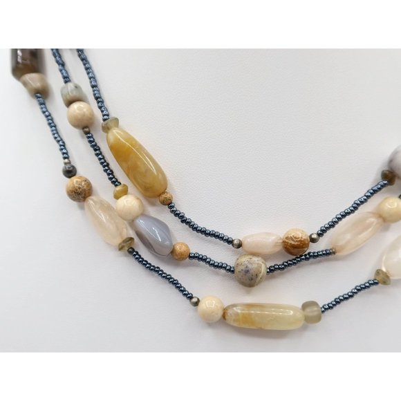 Earth Tone Acrylic & Natural Stone Seed Bead Multi Strand Toggle Necklace 18.5" - Picture 2 of 7